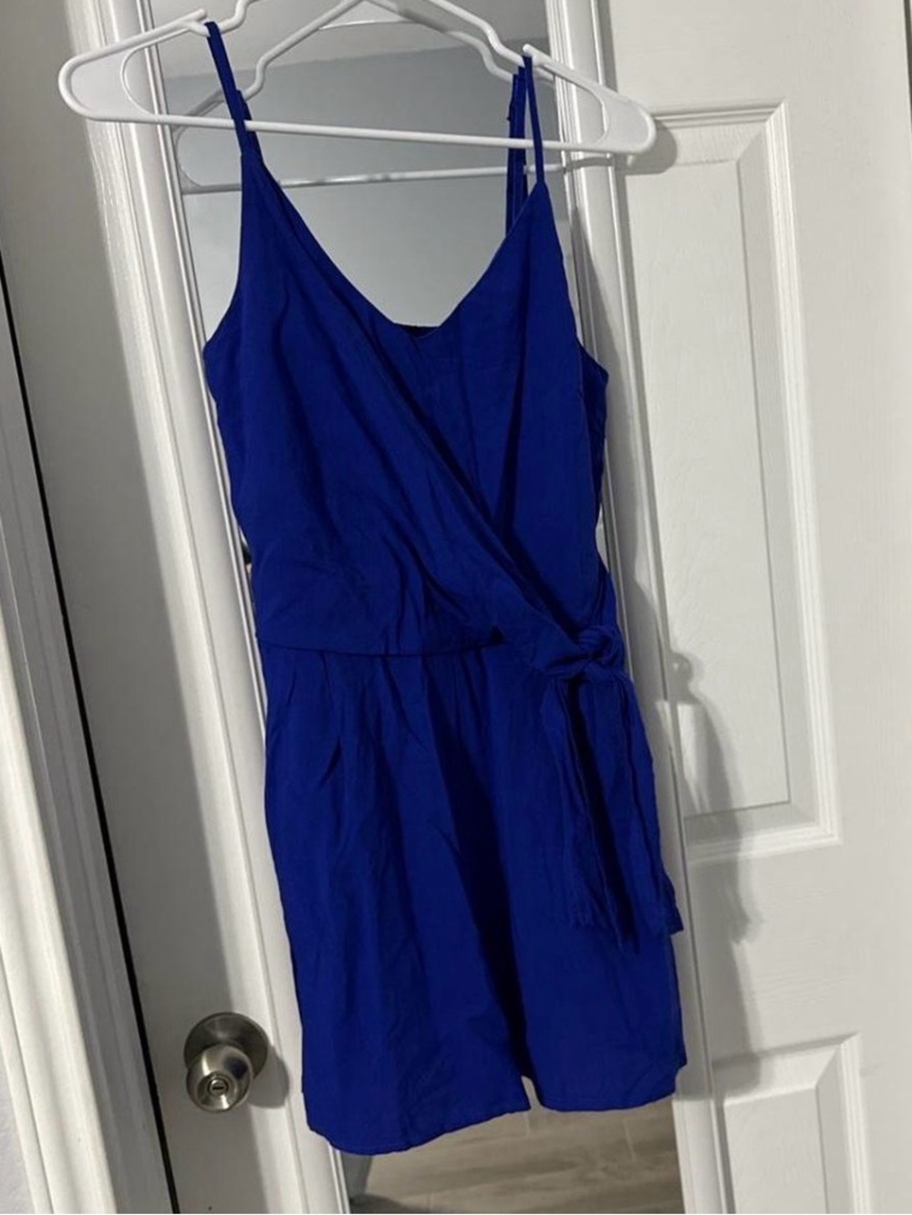 Cobalt Blue Sleeveless Wrap Romper with Tie Waist